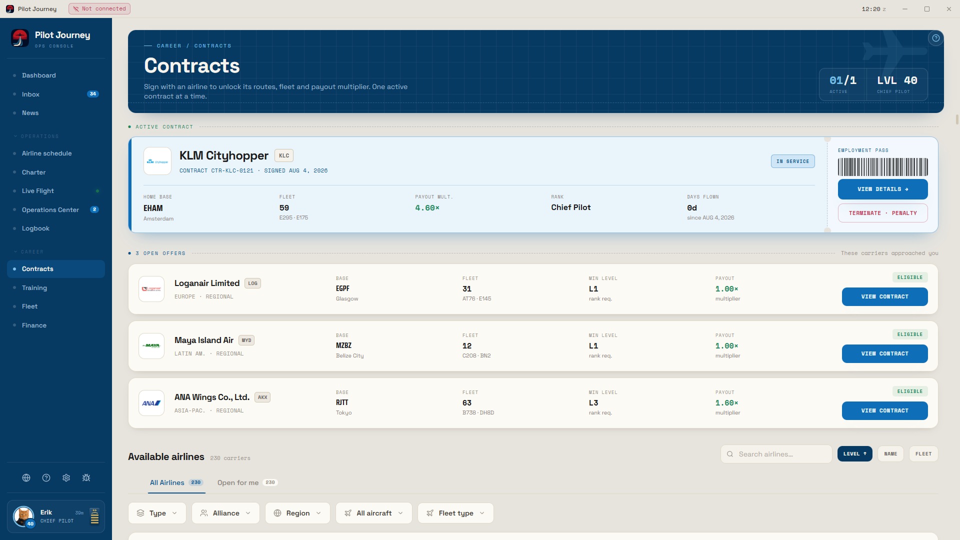 Pilot Journey airline contracts view with career levels, eligibility and airline openings