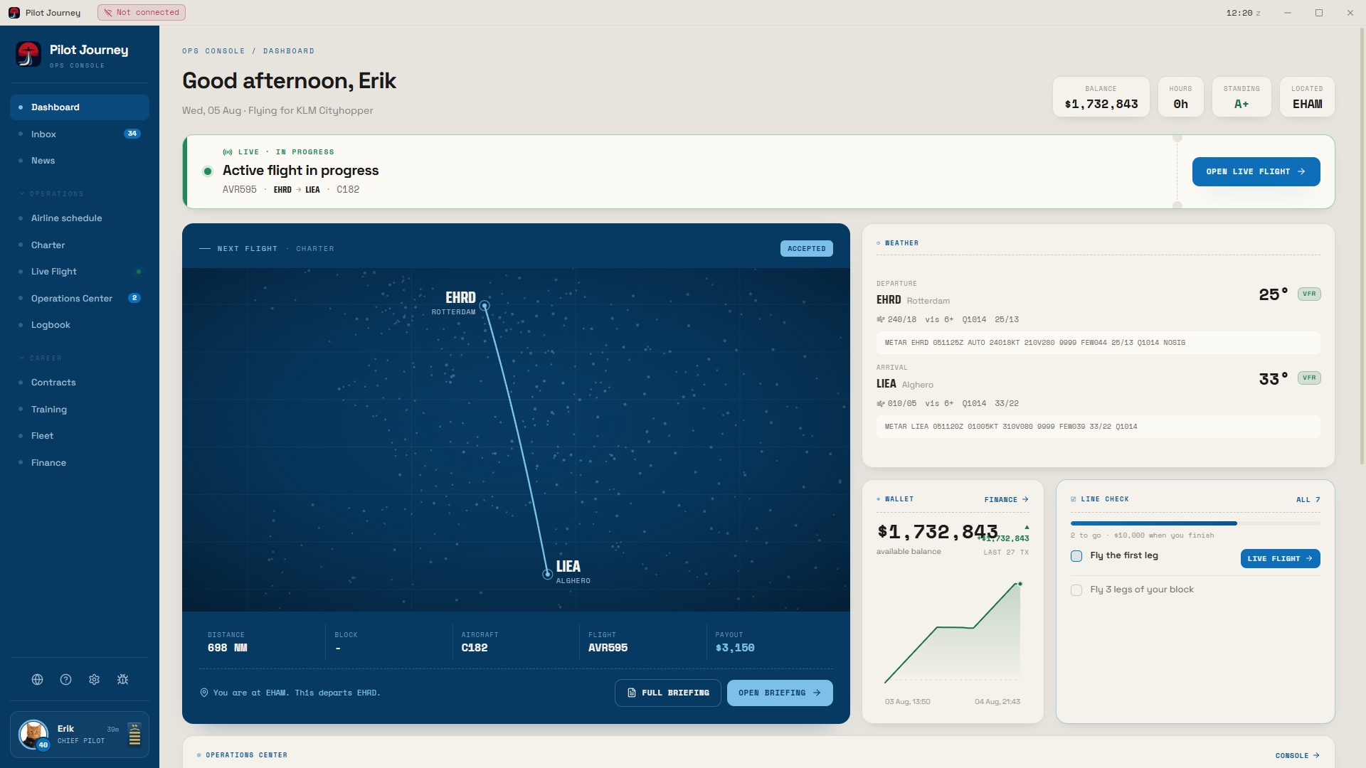 Pilot Journey dashboard with active route, weather, wallet and career progress