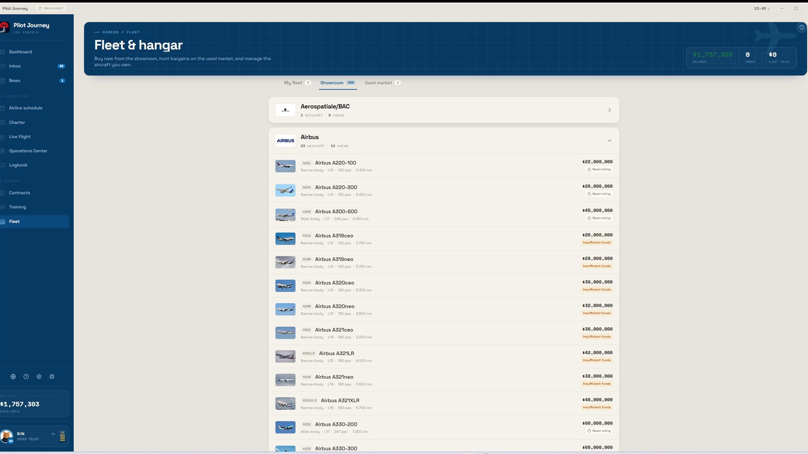 Pilot Journey fleet showroom with aircraft availability, ratings and prices