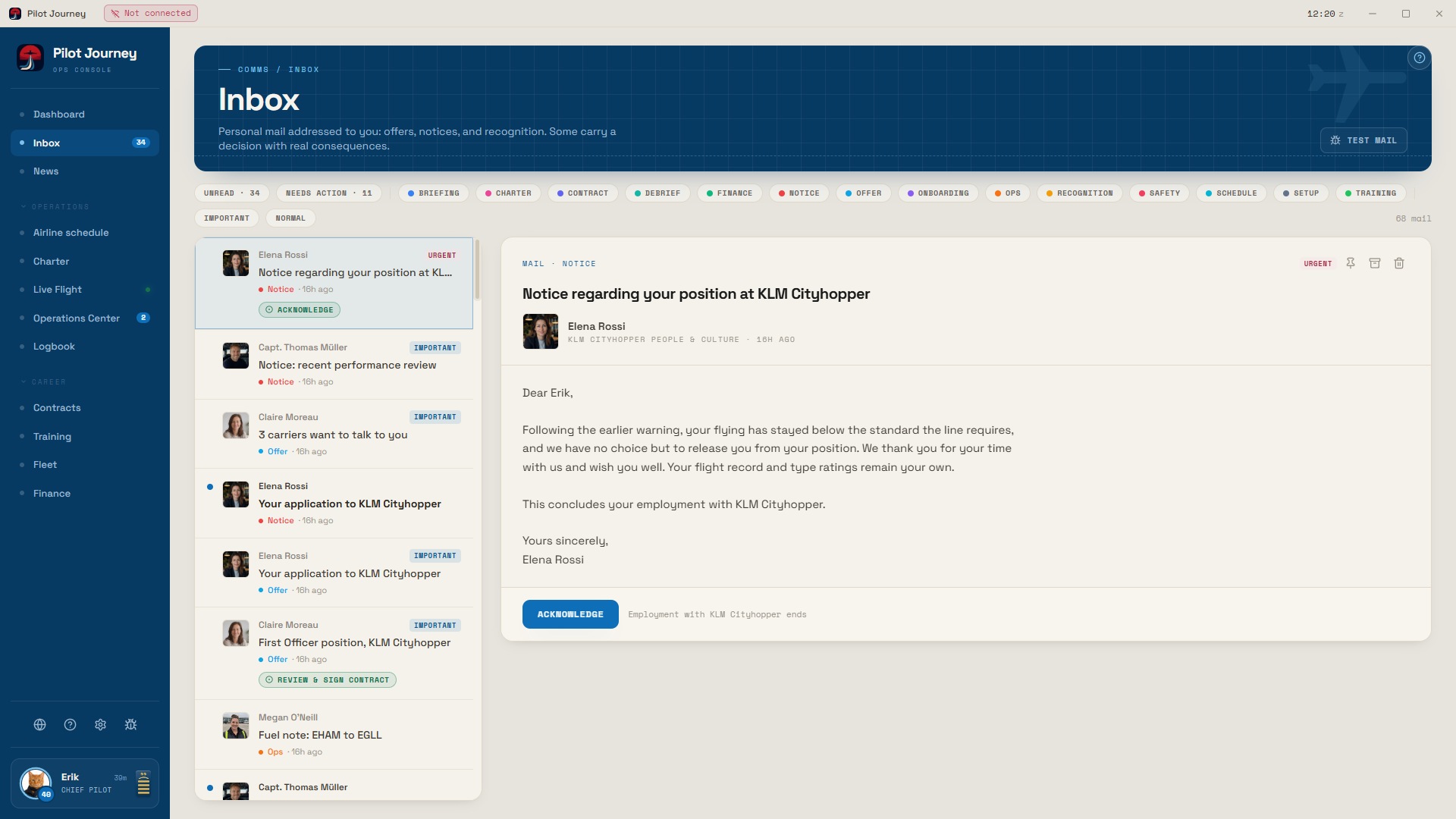 Pilot Journey inbox showing airline communication, career notices and decisions