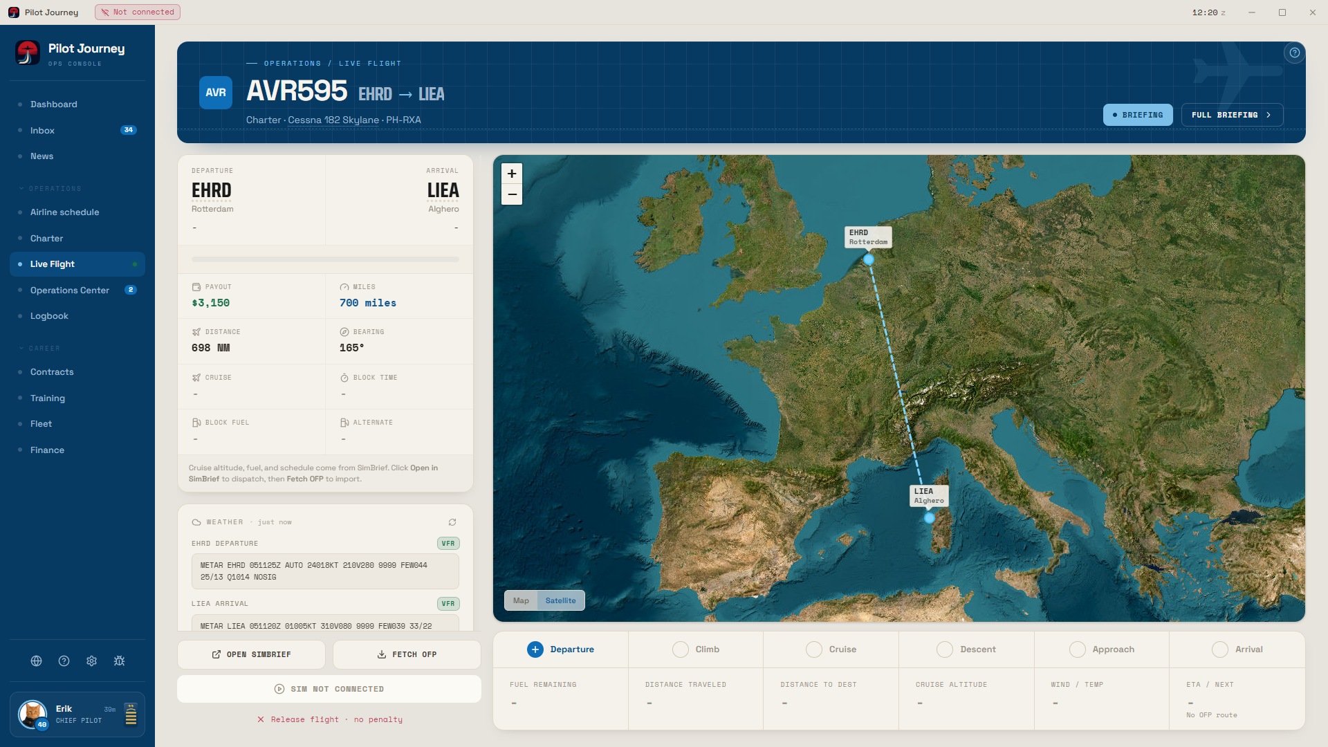Pilot Journey live flight screen with route map, weather, flight phase and operational briefing