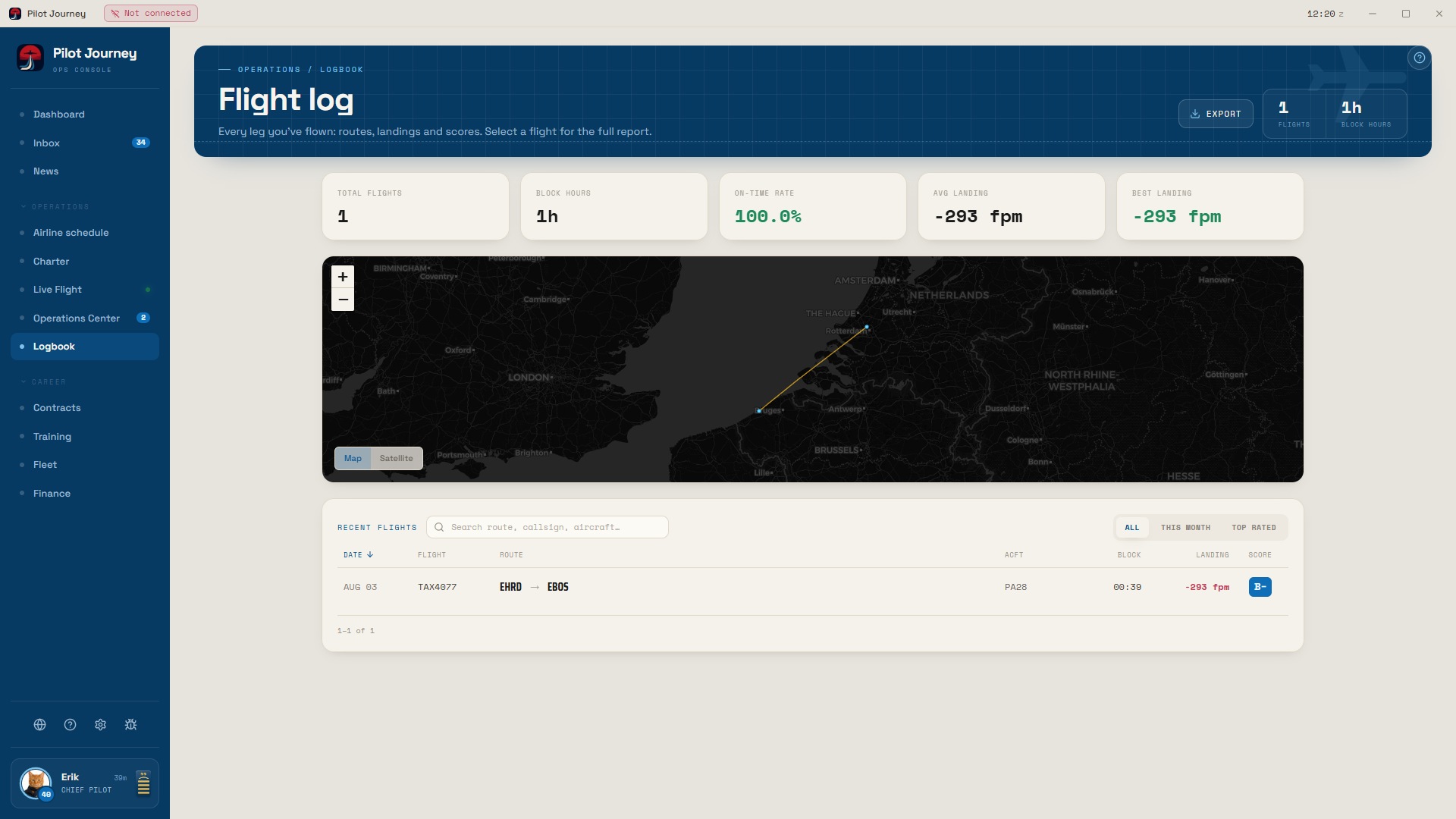 Pilot Journey flight log with route history, score and touchdown rate