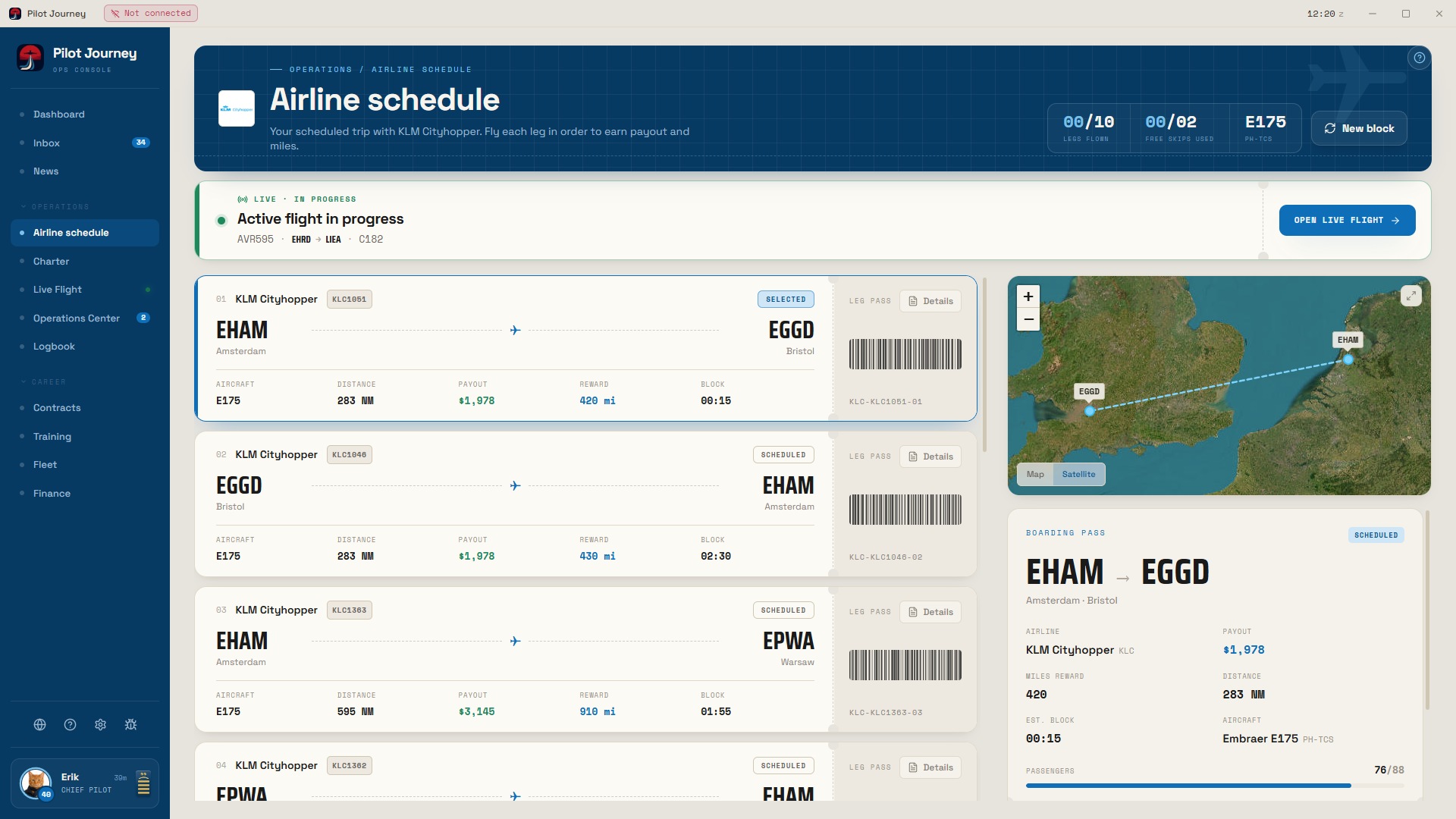 Pilot Journey airline schedule with a route map, boarding pass and sequential roster legs