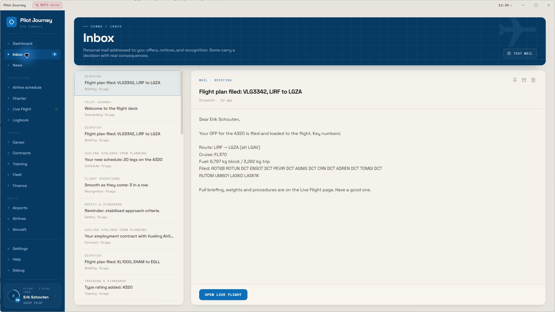 Actual Pilot Journey inbox with a filed flight plan and operational messages