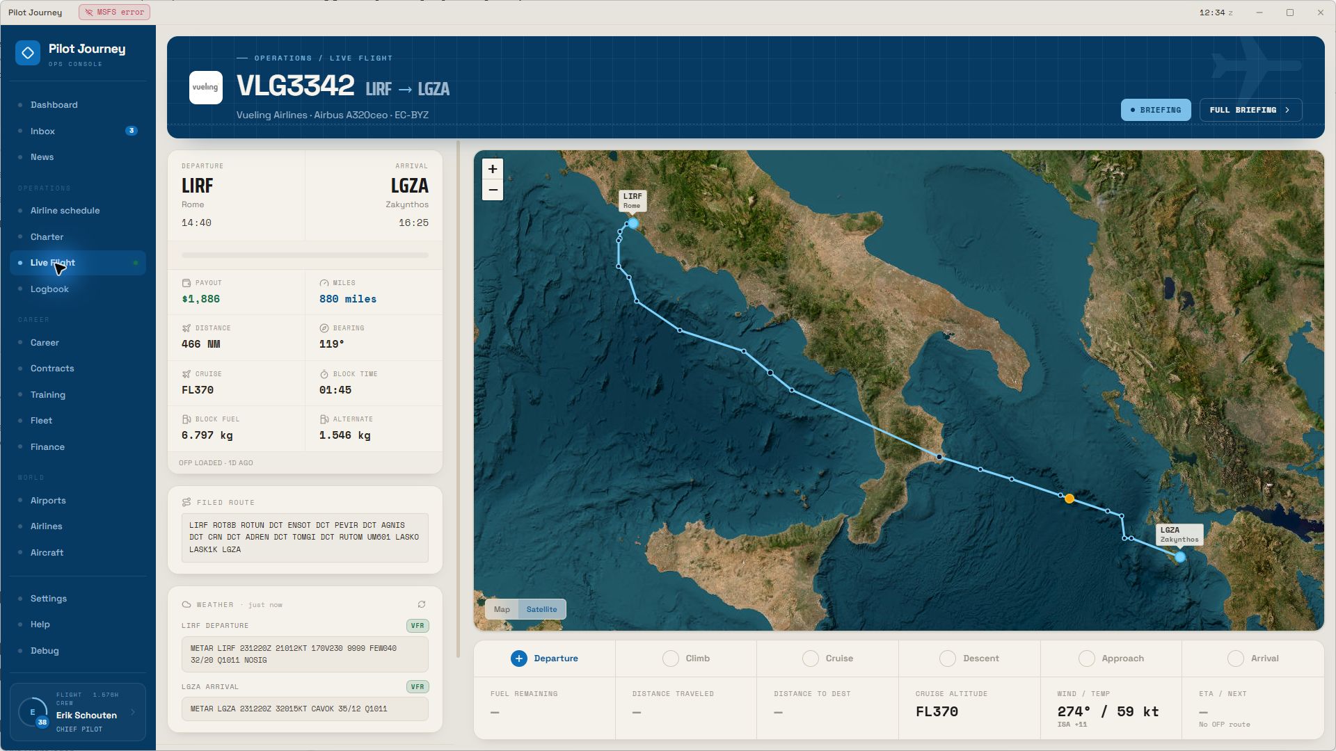 Pilot Journey Live Flight screen showing VLG3342 from Rome to Zakynthos on a satellite route map